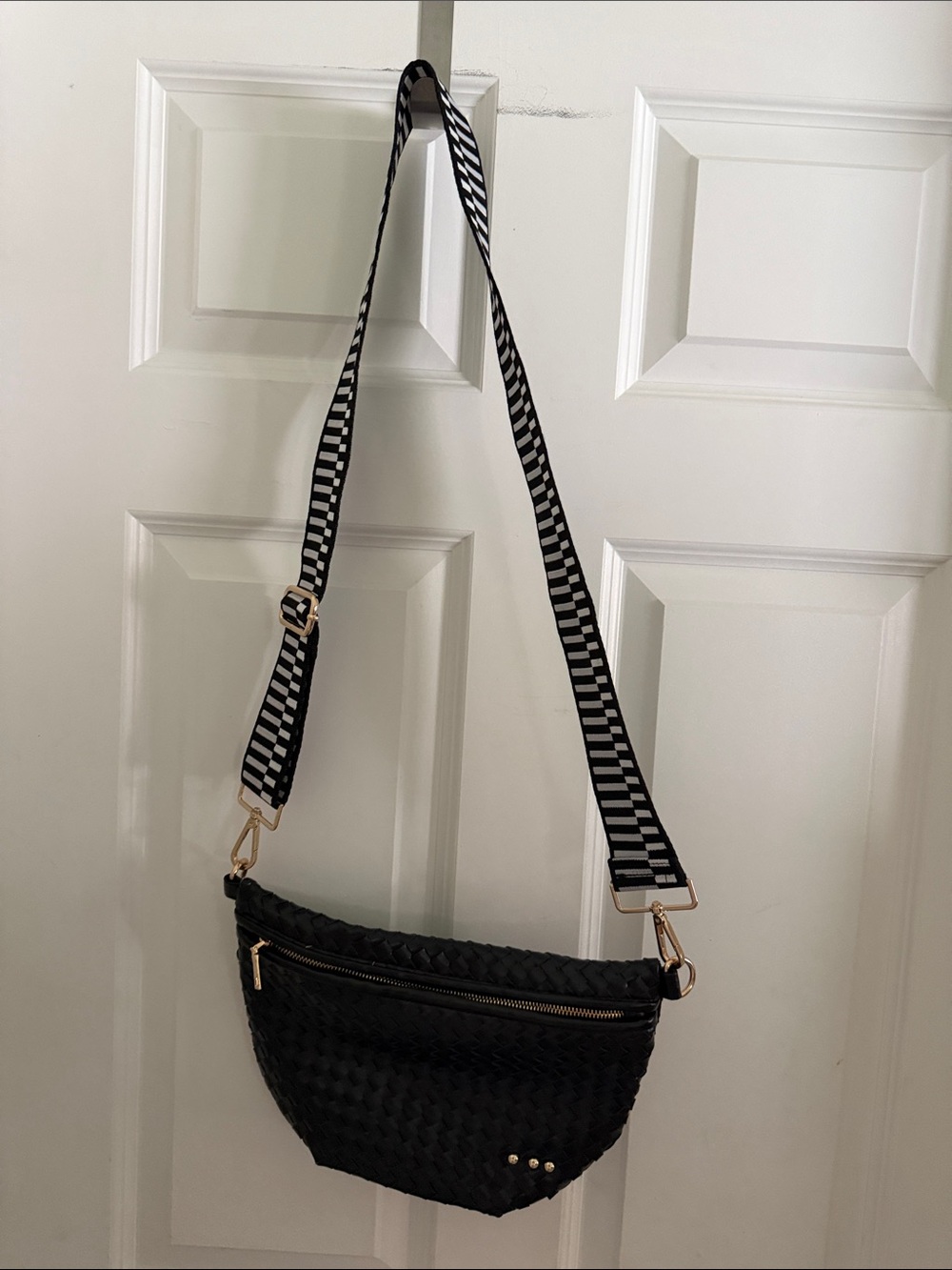 Black Woven Crossbody Bag with Striped Adjustable Strap